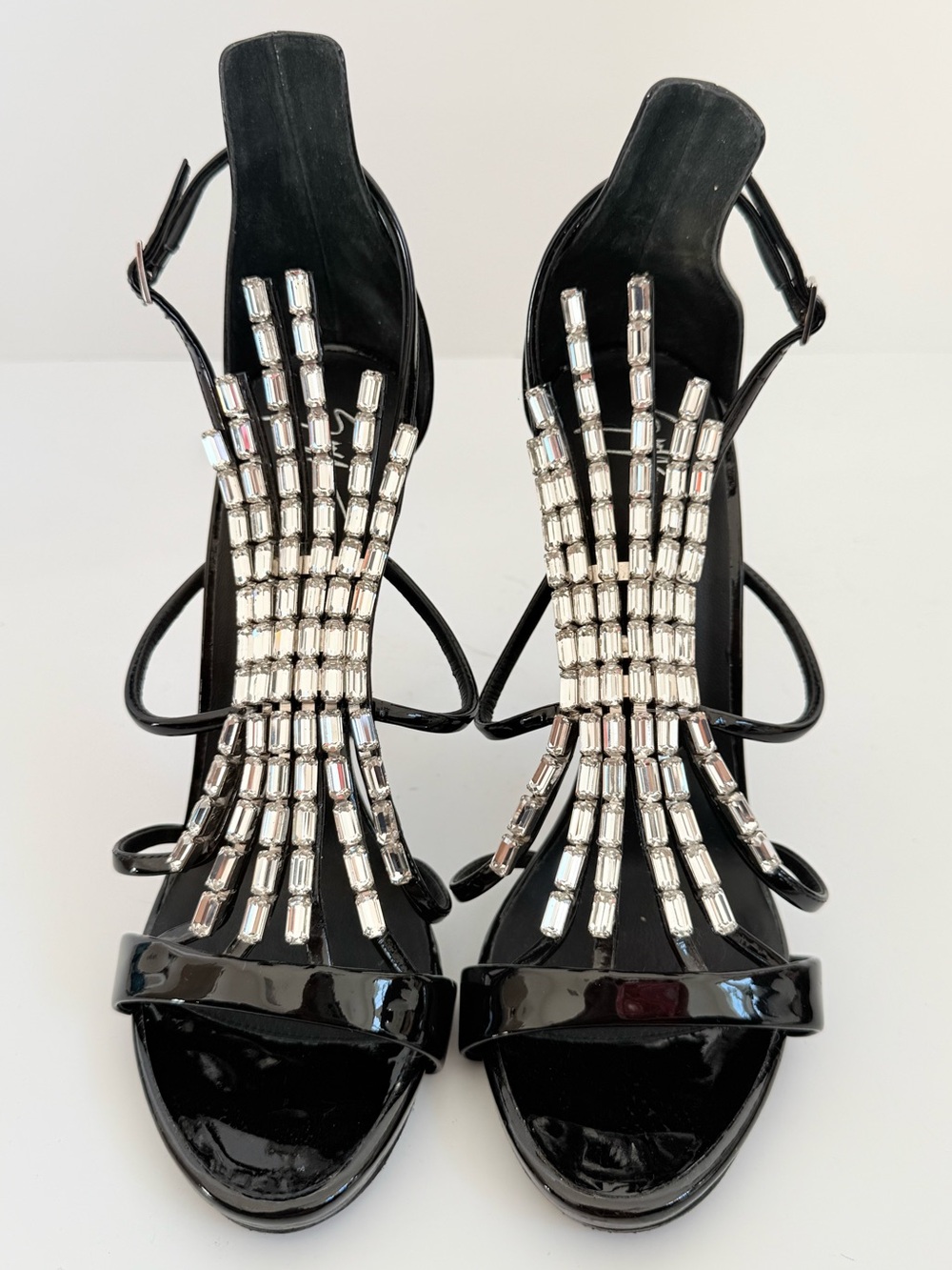 Giuseppe Zanotti Lights Up Crystal Baguette Black Patent Stiletto Sandals 38 - Picture 2 of 8